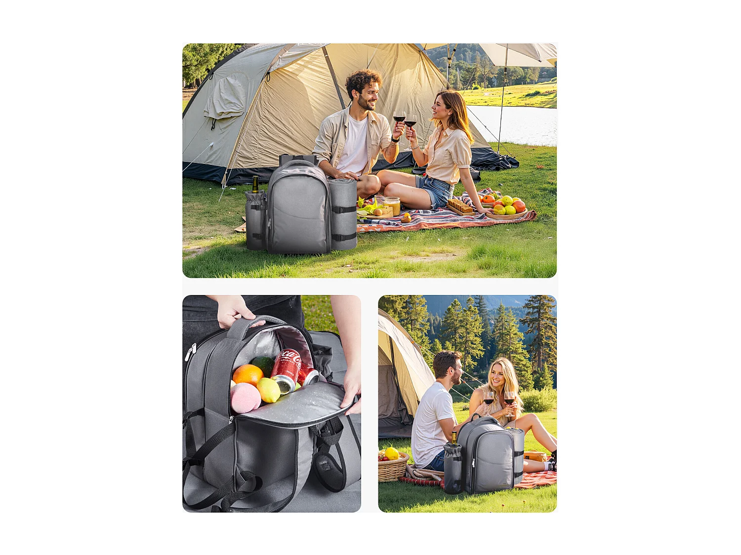 Isolierrucksack SucceBuy für 2 Personen, Picknickrucksack mit Isolierfach, Teller- und Besteckset, für Wanderungen, Grau