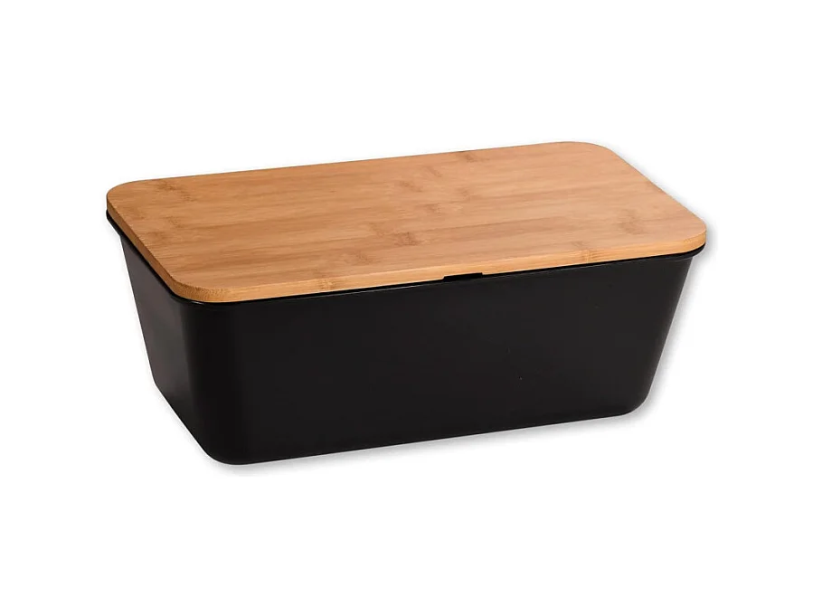 Boite à pain en plastique avec couvercle en bambou - Noir/Marron - L 35 x H 13,5 cm