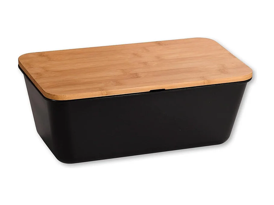 Boite à pain en plastique avec couvercle en bambou - Noir/Marron - L 35 x H 13,5 cm