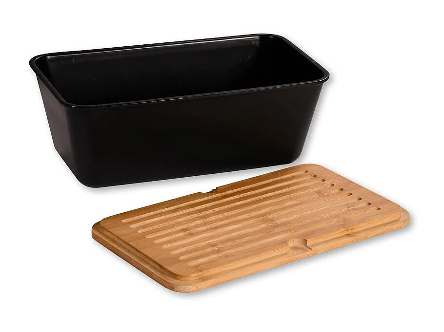 Boite à pain en plastique avec couvercle en bambou - Noir/Marron - L 35 x H 13,5 cm