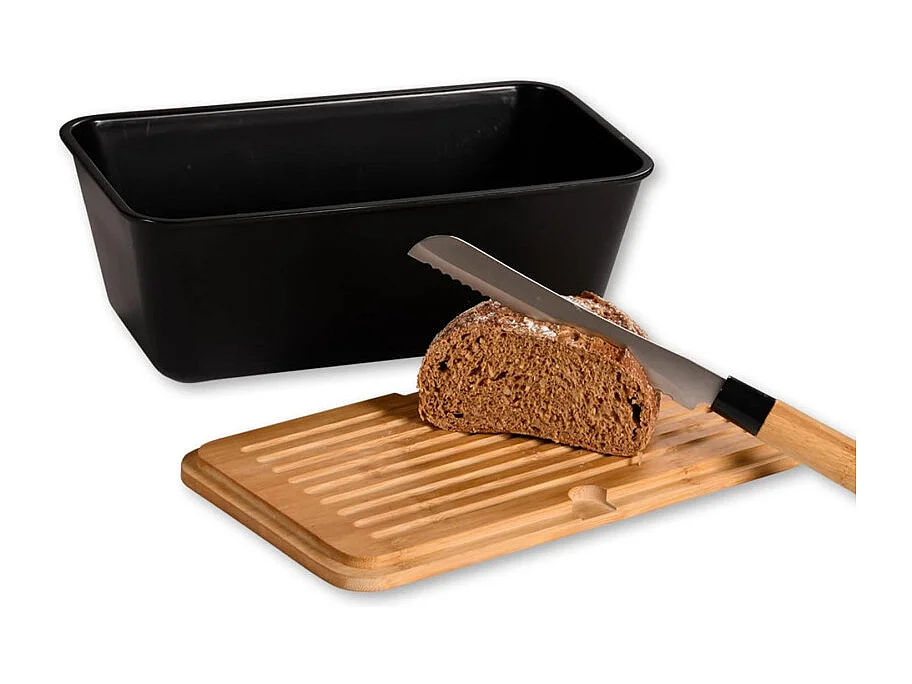 Boite à pain en plastique avec couvercle en bambou - Noir/Marron - L 35 x H 13,5 cm