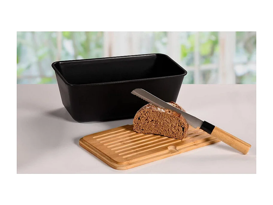 Boite à pain en plastique avec couvercle en bambou - Noir/Marron - L 35 x H 13,5 cm