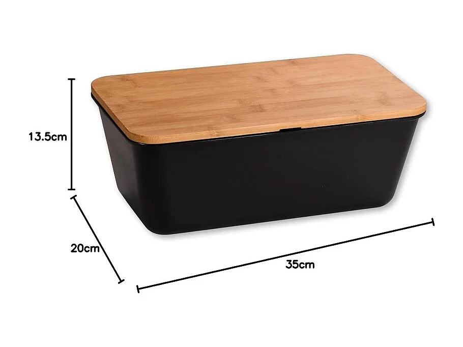 Boite à pain en plastique avec couvercle en bambou - Noir/Marron - L 35 x H 13,5 cm