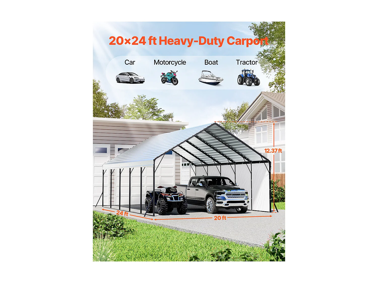 Carport SucceBuy, 5,8 x 7,45 m, Cochera Metálica Resistente, Refugio de Garaje Exterior con Estructura de Acero, para Camionetas, Barcos, Camiones y Tractores