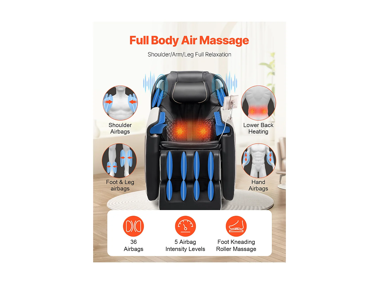 Massagestoel SucceBuy met SL-rail, 3D Relaxfauteuil, Massage-ontspanningsstoel, Zwaartekrachtloos, 18 Automatische Standen, Verwarming, met Intrekbaar Voetpedaal