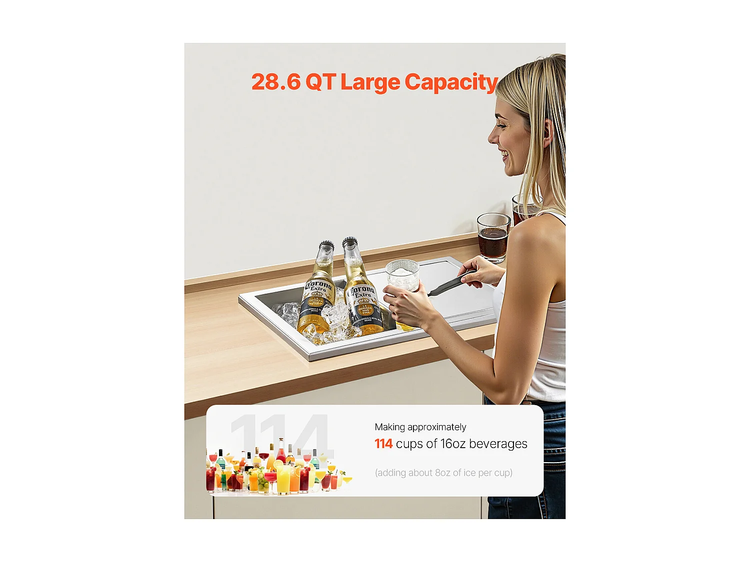 Glacière Encastrable SucceBuy en Acier Inoxydable, 45,5 x 30,5 x 38,5 cm, Bac à Glace Commercial de 27,1 L pour l'Extérieur, pour Vin et Bière Frais