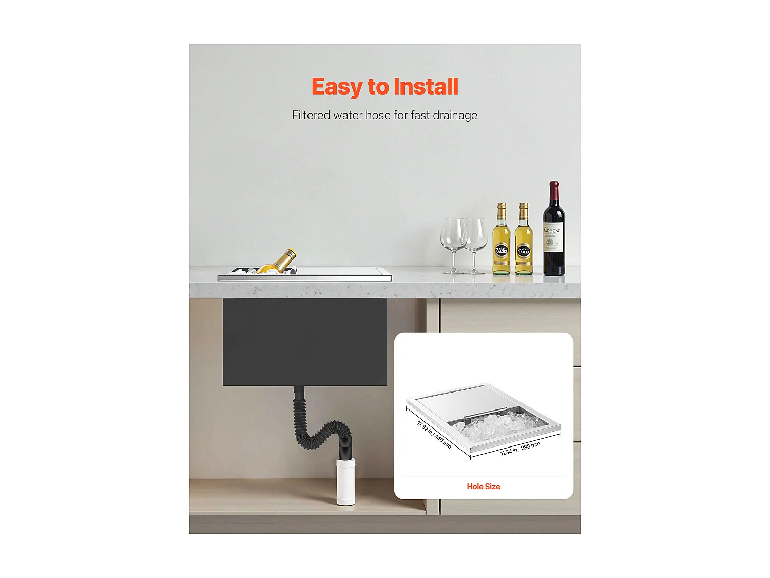 Glacière Encastrable SucceBuy en Acier Inoxydable, 45,5 x 30,5 x 38,5 cm, Bac à Glace Commercial de 27,1 L pour l'Extérieur, pour Vin et Bière Frais