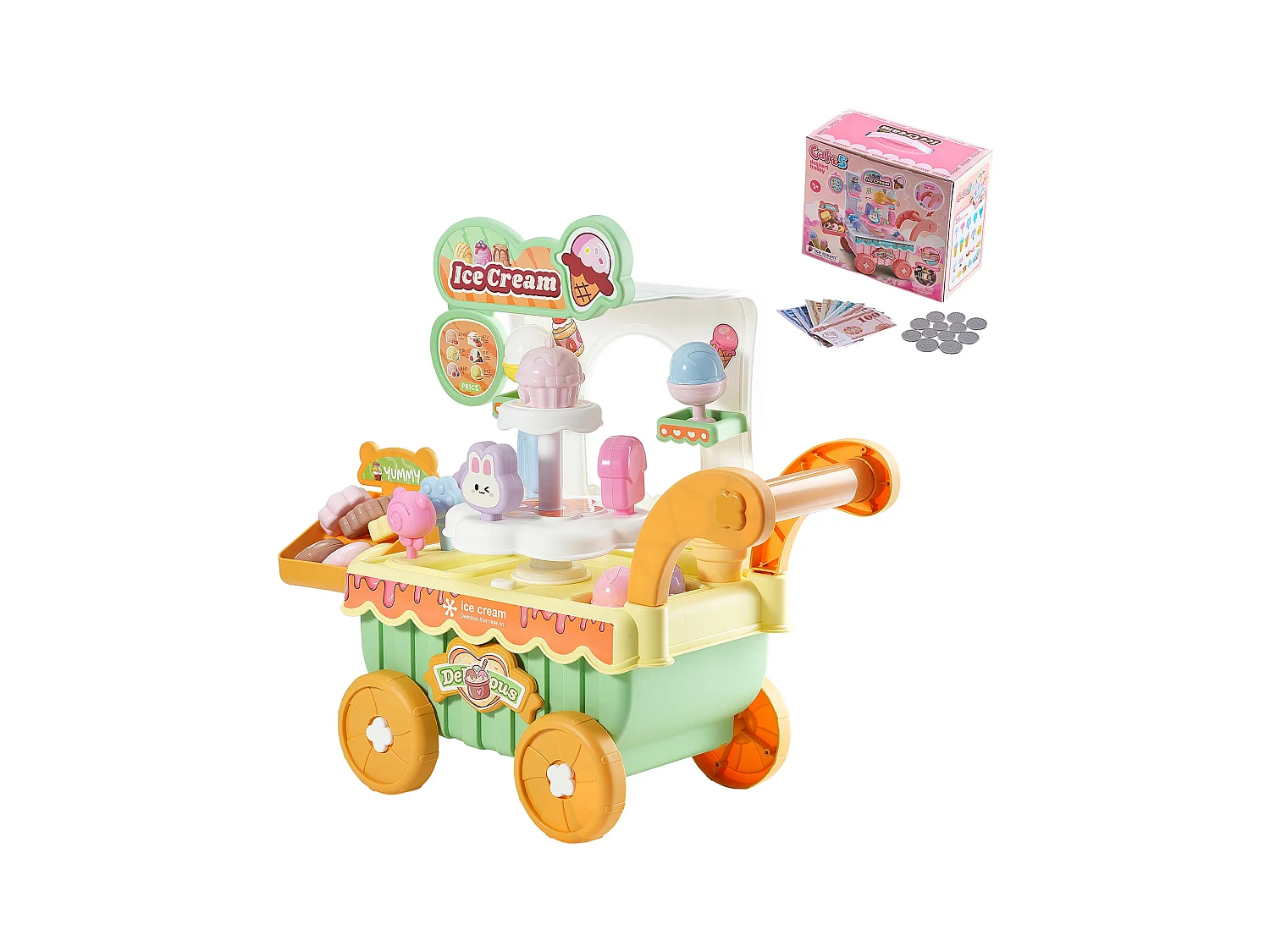 Chariot à Glaces pour Enfants SucceBuy, 27 Pièces, Jeu d'Imitation de Stand Glacier, avec Espace de Rangement, pour Tout-Petits de 3 Ans et Plus
