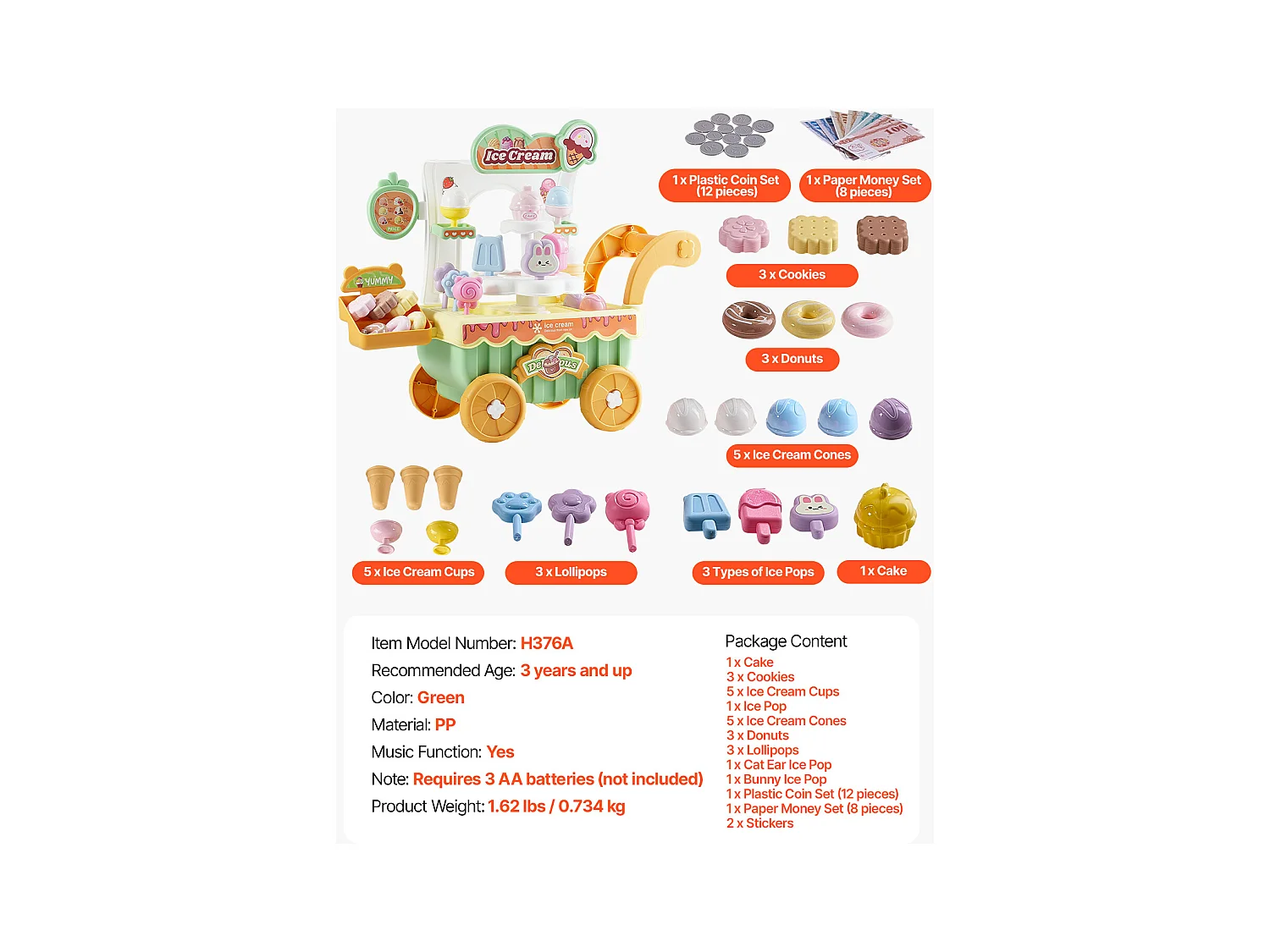 Chariot à Glaces pour Enfants SucceBuy, 27 Pièces, Jeu d'Imitation de Stand Glacier, avec Espace de Rangement, pour Tout-Petits de 3 Ans et Plus