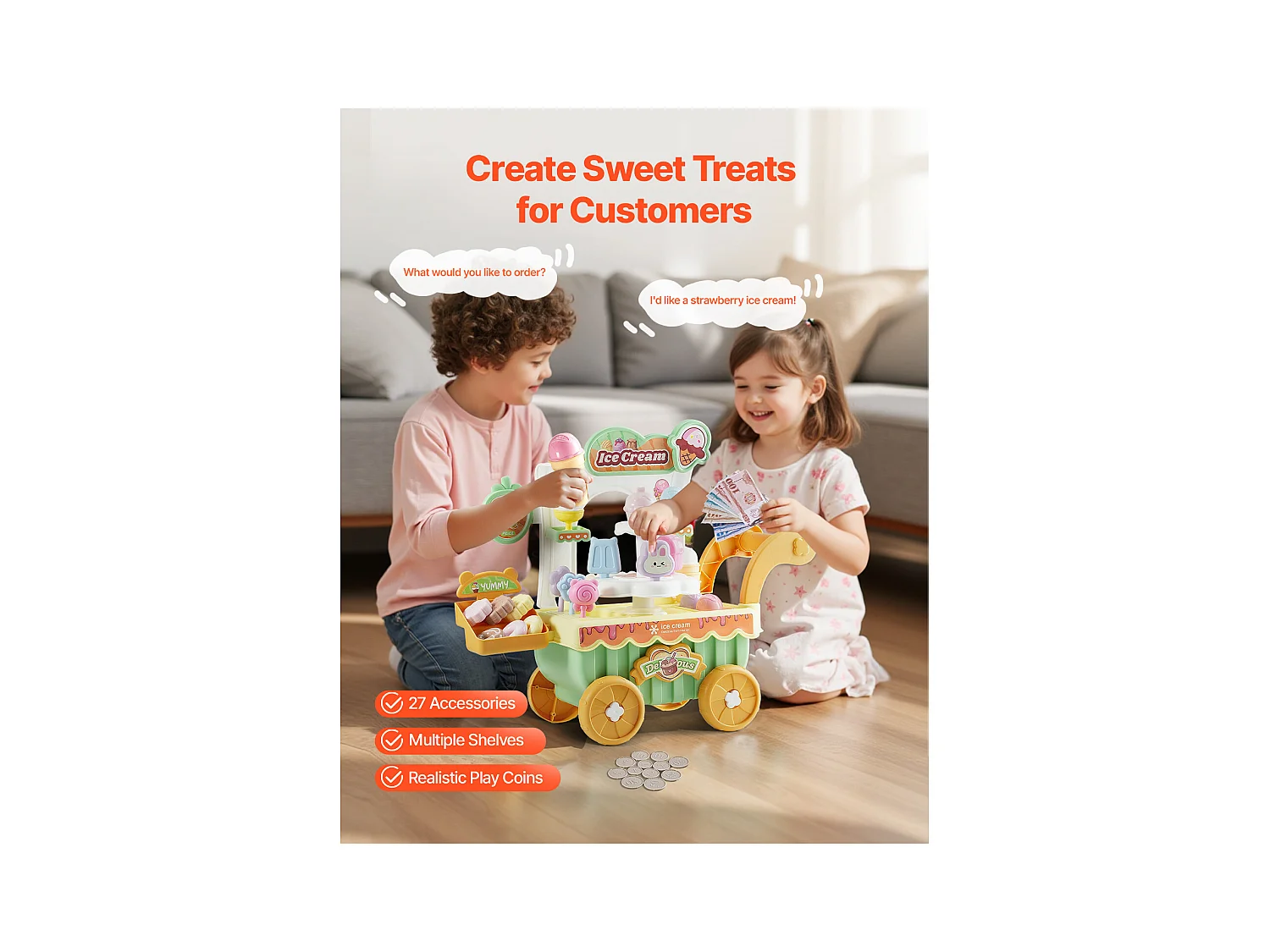 Chariot à Glaces pour Enfants SucceBuy, 27 Pièces, Jeu d'Imitation de Stand Glacier, avec Espace de Rangement, pour Tout-Petits de 3 Ans et Plus