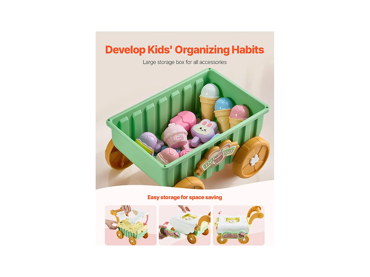 Chariot à Glaces pour Enfants SucceBuy, 27 Pièces, Jeu d'Imitation de Stand Glacier, avec Espace de Rangement, pour Tout-Petits de 3 Ans et Plus