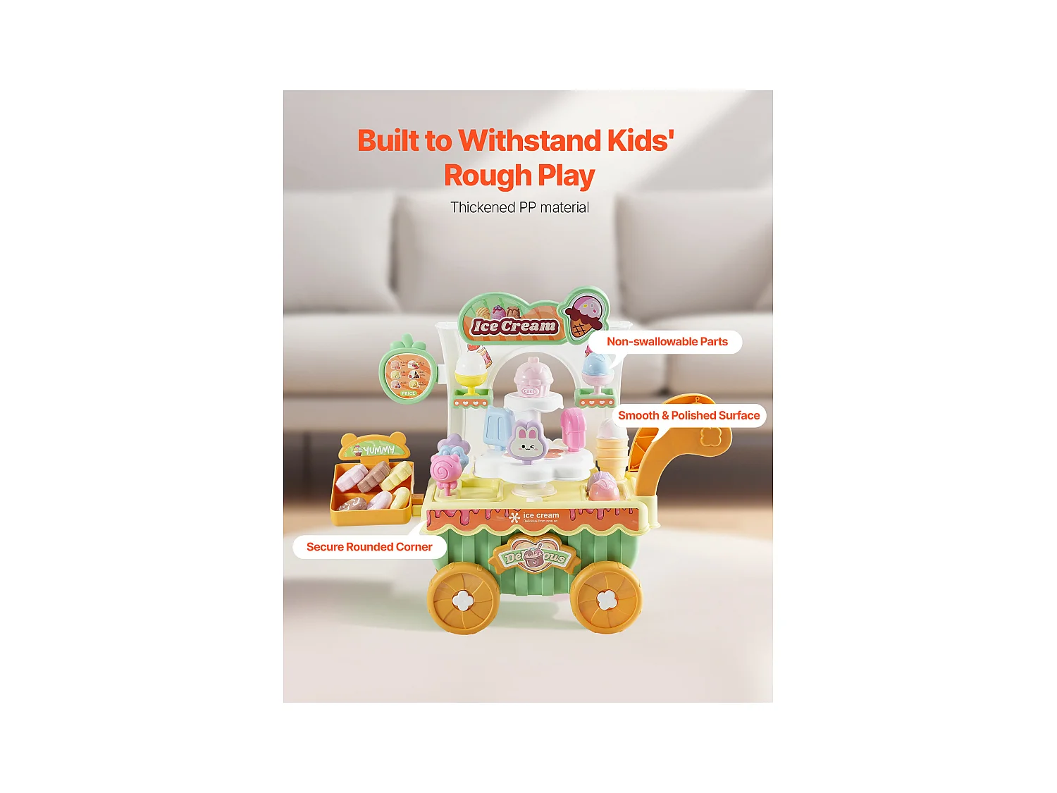 Chariot à Glaces pour Enfants SucceBuy, 27 Pièces, Jeu d'Imitation de Stand Glacier, avec Espace de Rangement, pour Tout-Petits de 3 Ans et Plus