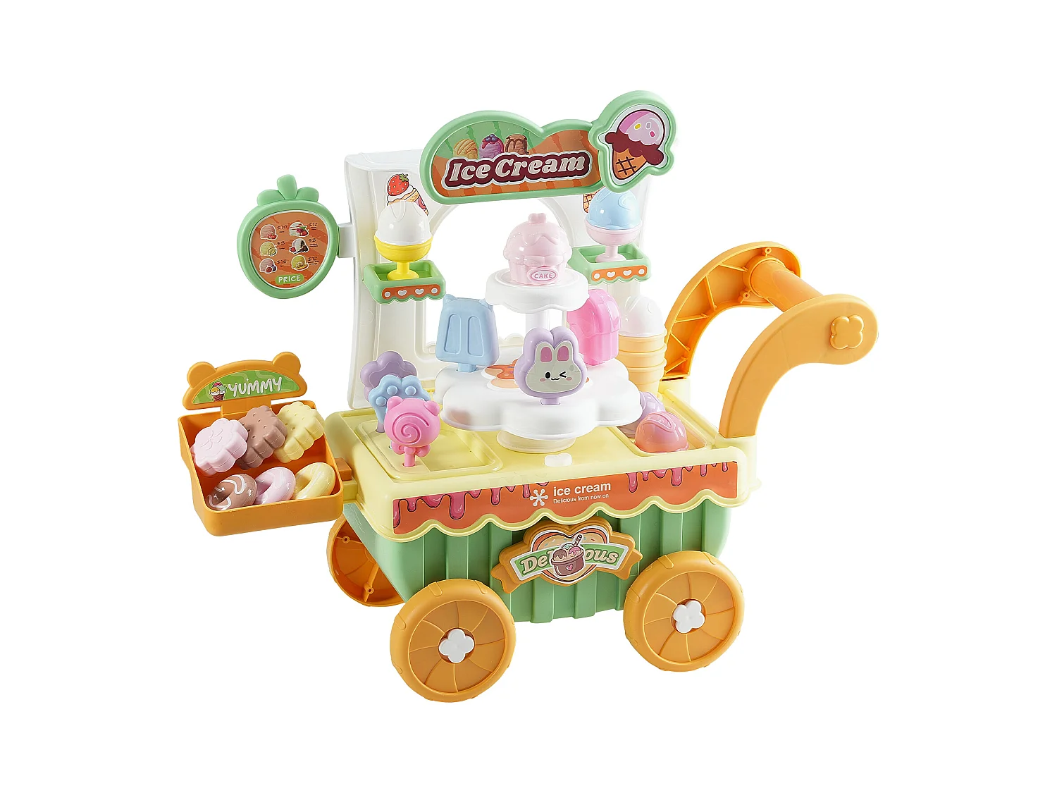 Chariot à Glaces pour Enfants SucceBuy, 27 Pièces, Jeu d'Imitation de Stand Glacier, avec Espace de Rangement, pour Tout-Petits de 3 Ans et Plus