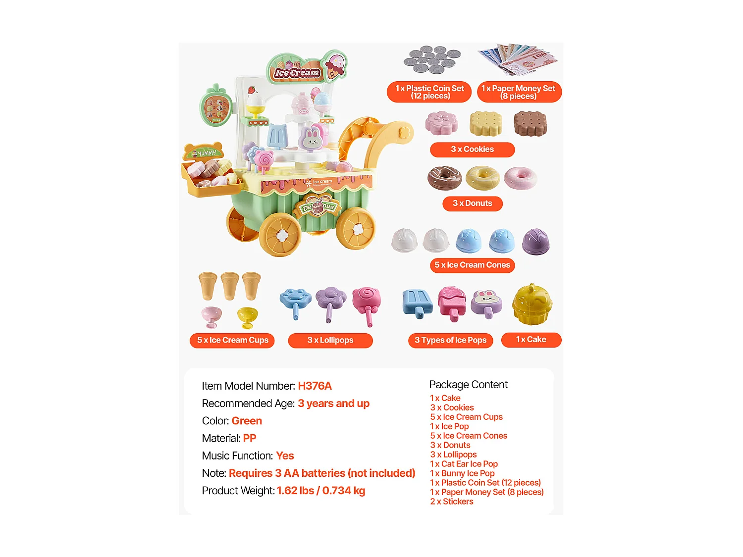 Chariot à Glaces pour Enfants SucceBuy, 27 Pièces, Jeu d'Imitation de Stand Glacier, avec Espace de Rangement, pour Tout-Petits de 3 Ans et Plus