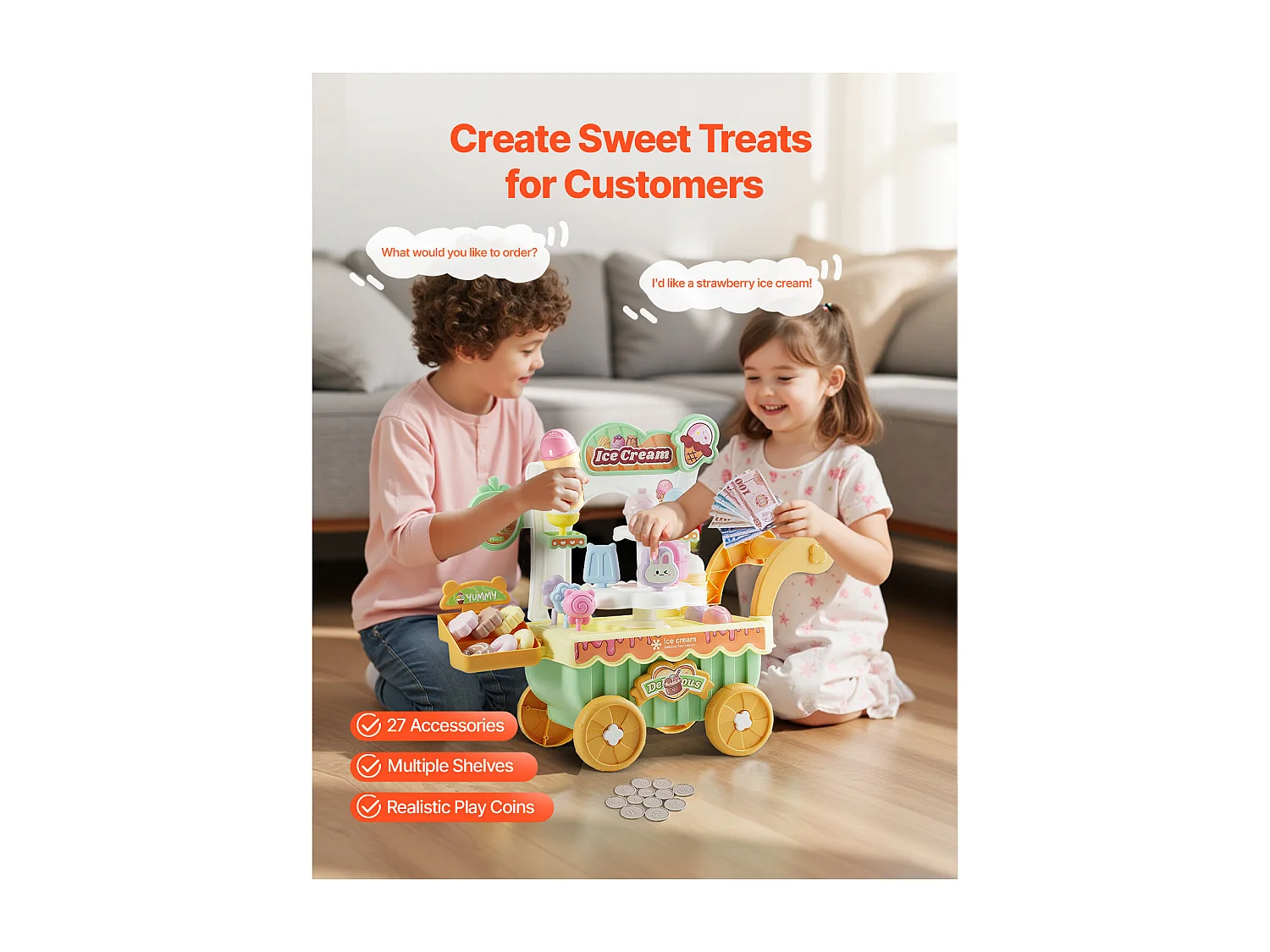 Chariot à Glaces pour Enfants SucceBuy, 27 Pièces, Jeu d'Imitation de Stand Glacier, avec Espace de Rangement, pour Tout-Petits de 3 Ans et Plus