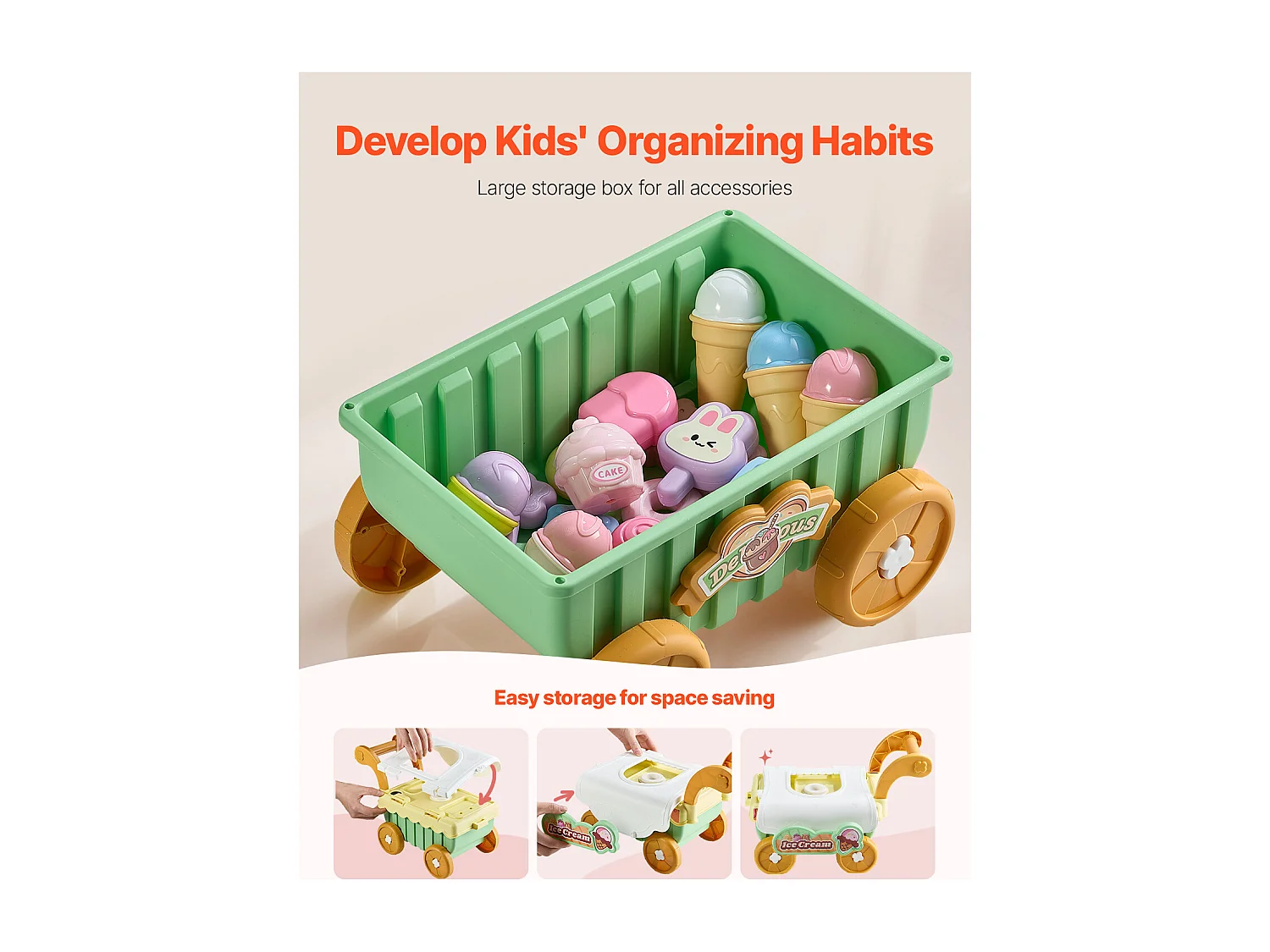Chariot à Glaces pour Enfants SucceBuy, 27 Pièces, Jeu d'Imitation de Stand Glacier, avec Espace de Rangement, pour Tout-Petits de 3 Ans et Plus