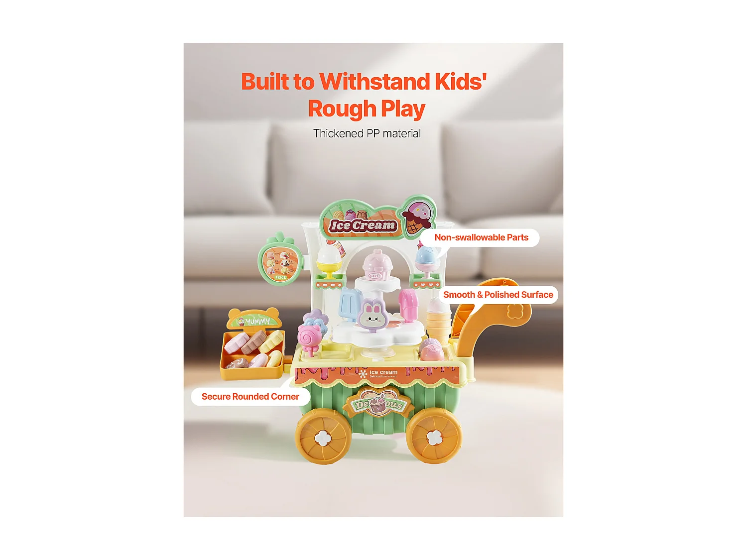 Chariot à Glaces pour Enfants SucceBuy, 27 Pièces, Jeu d'Imitation de Stand Glacier, avec Espace de Rangement, pour Tout-Petits de 3 Ans et Plus