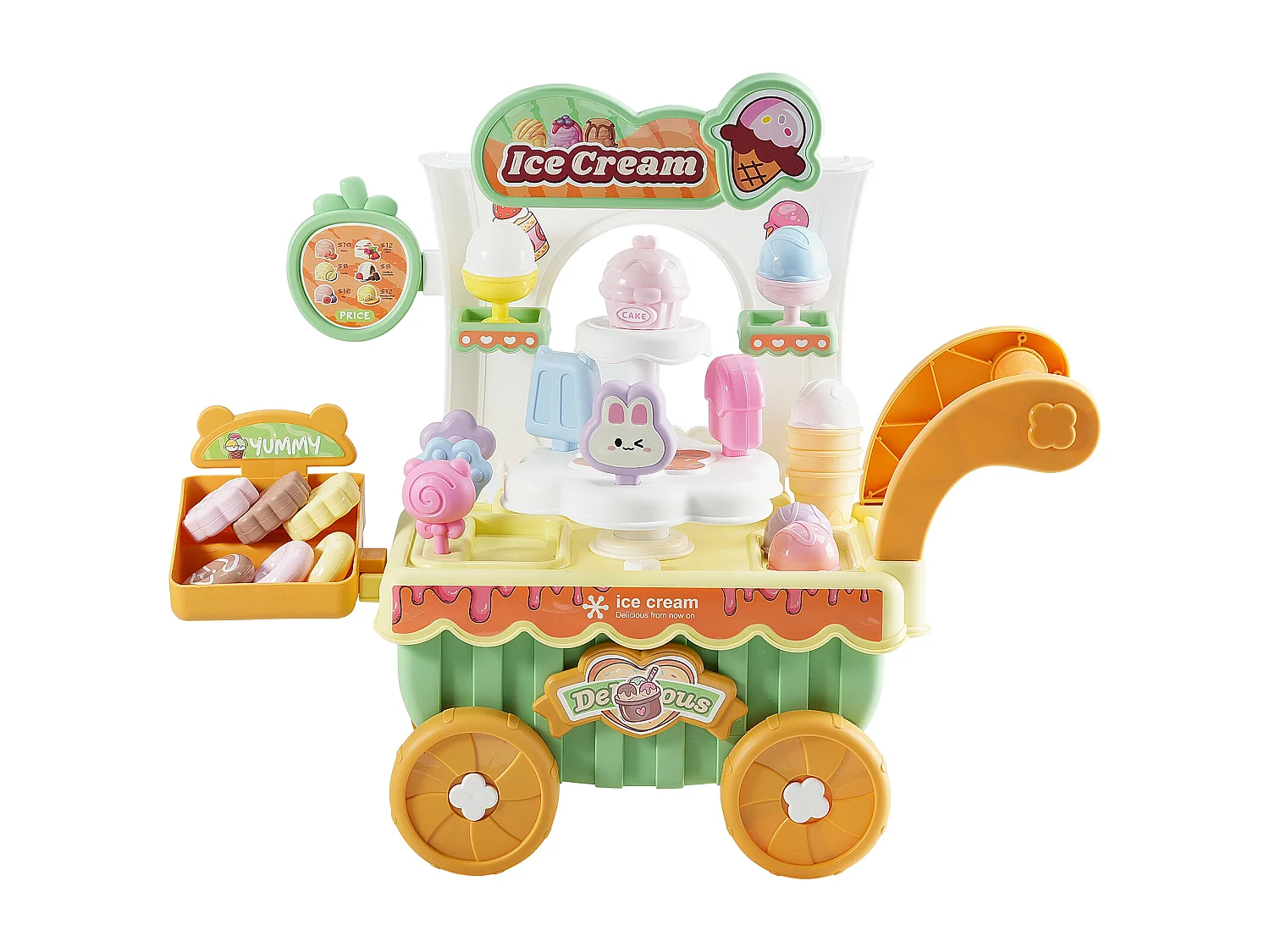 Chariot à Glaces pour Enfants SucceBuy, 27 Pièces, Jeu d'Imitation de Stand Glacier, avec Espace de Rangement, pour Tout-Petits de 3 Ans et Plus