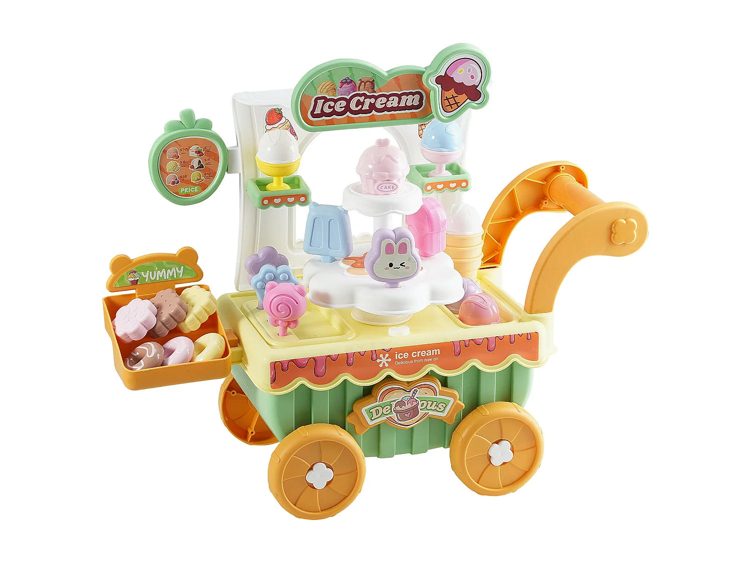 Chariot à Glaces pour Enfants SucceBuy, 27 Pièces, Jeu d'Imitation de Stand Glacier, avec Espace de Rangement, pour Tout-Petits de 3 Ans et Plus