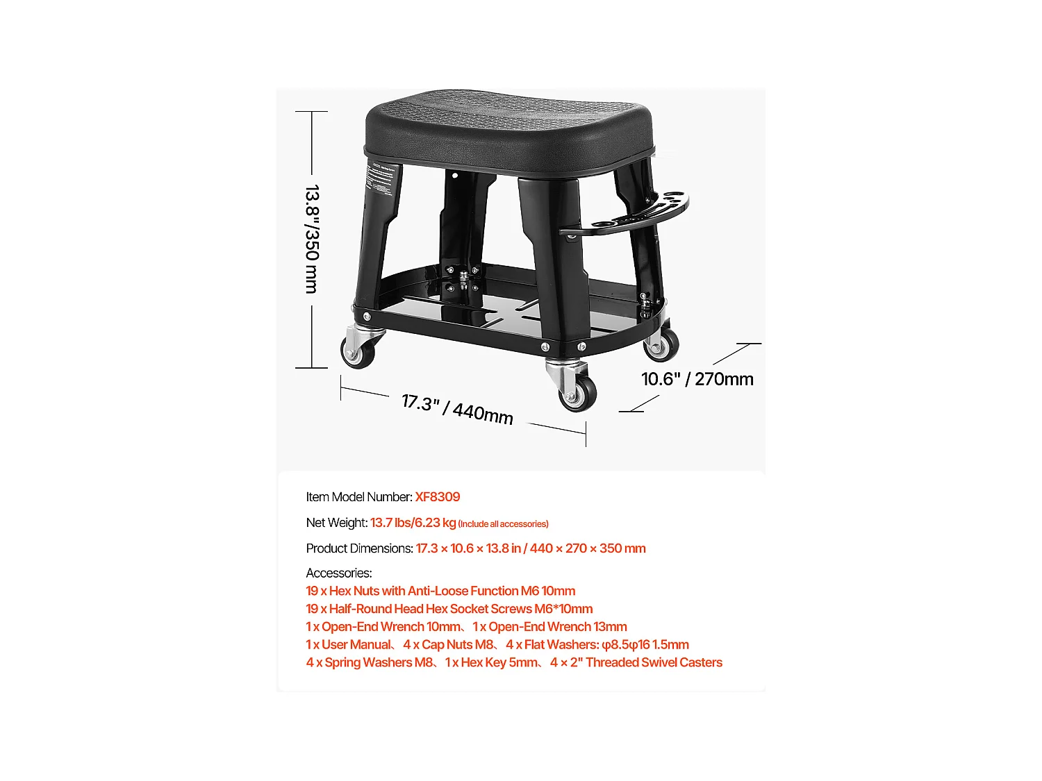 Tabouret d'Atelier, SucceBuy Tabouret de Mécanicien avec Roulettes et Plateau à Outils, Capacité 136 kg
