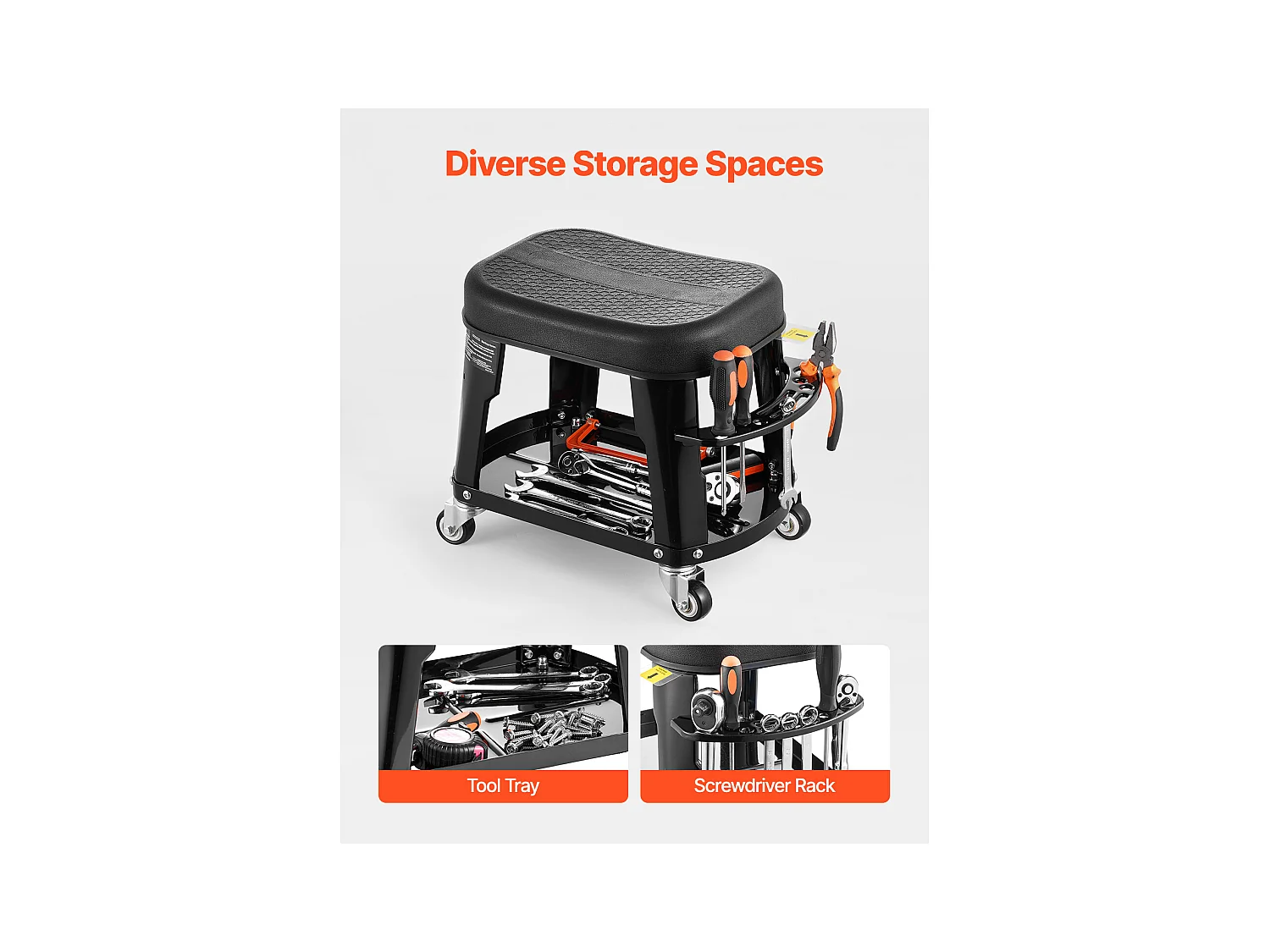 Tabouret d'Atelier, SucceBuy Tabouret de Mécanicien avec Roulettes et Plateau à Outils, Capacité 136 kg
