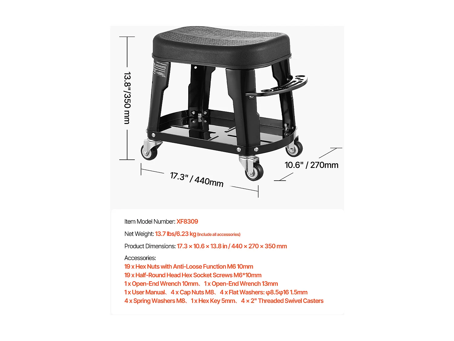 Tabouret d'Atelier, SucceBuy Tabouret de Mécanicien avec Roulettes et Plateau à Outils, Capacité 136 kg