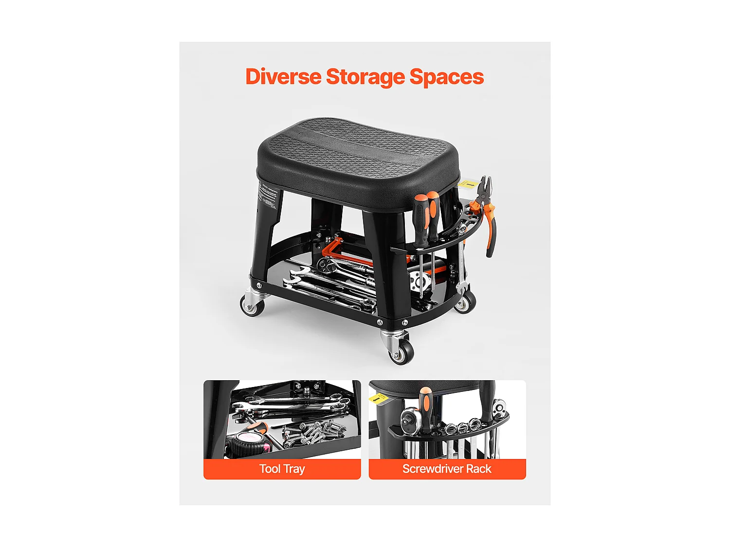 Tabouret d'Atelier, SucceBuy Tabouret de Mécanicien avec Roulettes et Plateau à Outils, Capacité 136 kg