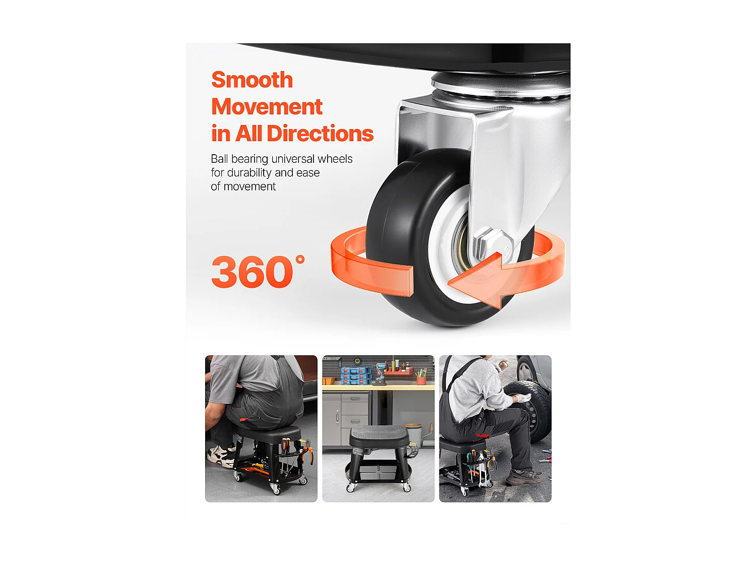 Tabouret d'Atelier, SucceBuy Tabouret de Mécanicien avec Roulettes et Plateau à Outils, Capacité 136 kg