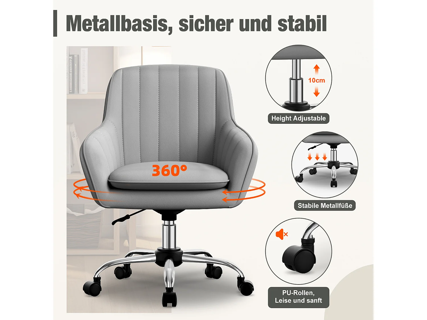 Bürostuhl Homeoffice Stuhl - Schminkstuhl mit Armlehnen - Drehstuhl mit Rrollen - Samt Stuhl - höhenverstellbar für Schminktisch - Arbeitszimmer - Schlafzimmer