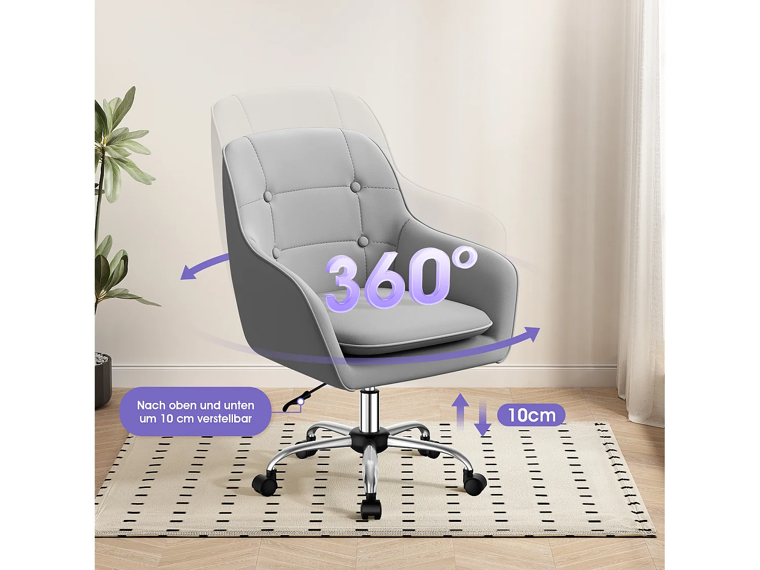 Bürostuhl Homeoffice Stuhl - Schminkstuhl mit Armlehnen - Drehstuhl mit Rrollen - Samt Stuhl - höhenverstellbar für Schminktisch - Arbeitszimmer - Schlafzimmer