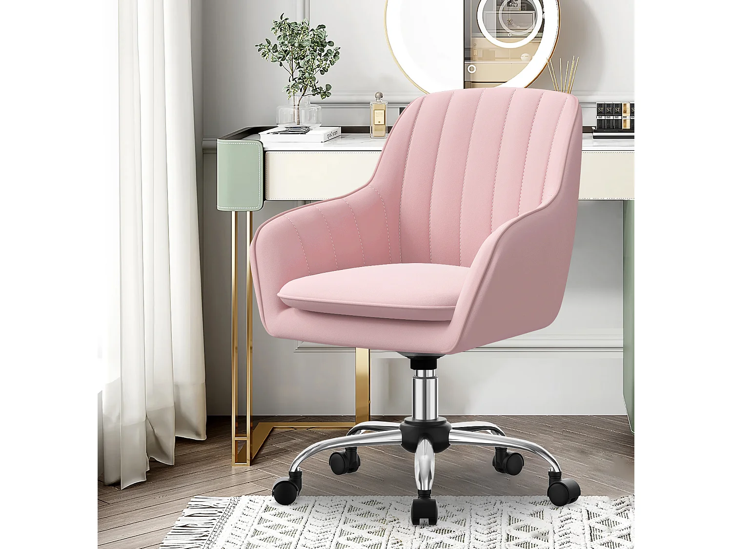 Bürostuhl Homeoffice Stuhl - Schminkstuhl mit Armlehnen - Drehstuhl mit Rrollen - Samt Stuhl - höhenverstellbar für Schminktisch - Arbeitszimmer - Schlafzimmer