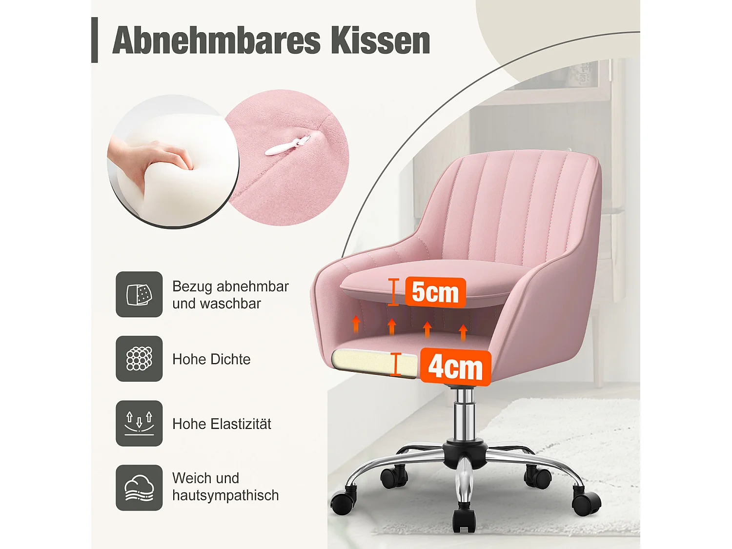 Bürostuhl Homeoffice Stuhl - Schminkstuhl mit Armlehnen - Drehstuhl mit Rrollen - Samt Stuhl - höhenverstellbar für Schminktisch - Arbeitszimmer - Schlafzimmer