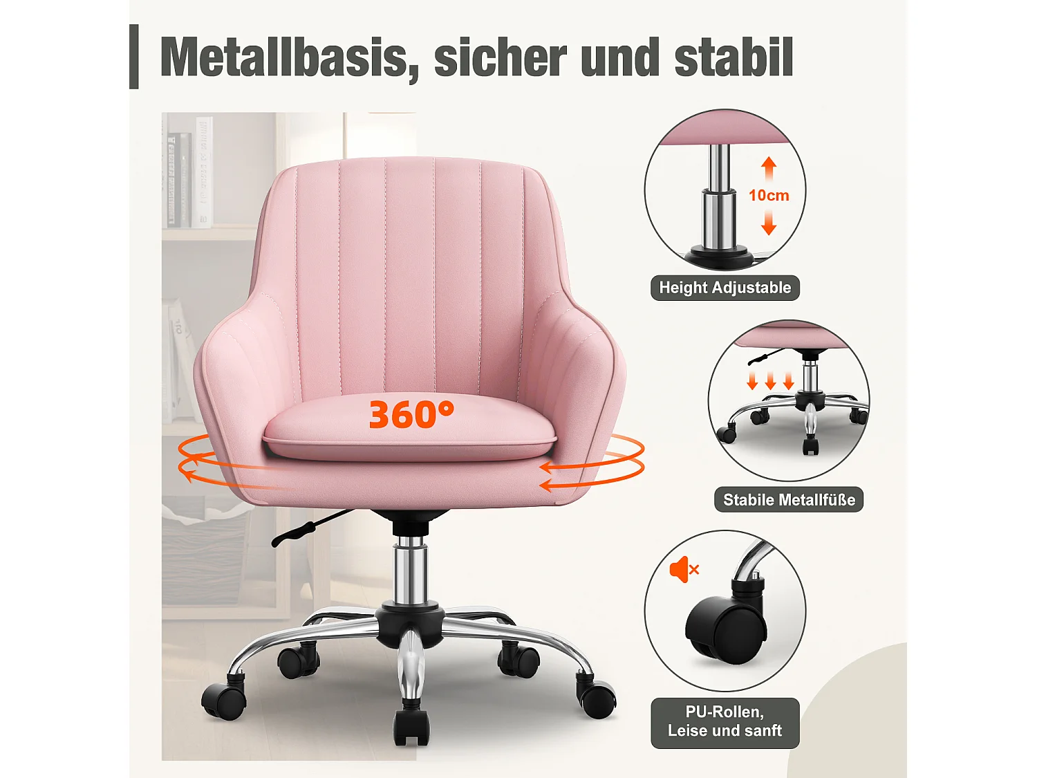 Bürostuhl Homeoffice Stuhl - Schminkstuhl mit Armlehnen - Drehstuhl mit Rrollen - Samt Stuhl - höhenverstellbar für Schminktisch - Arbeitszimmer - Schlafzimmer