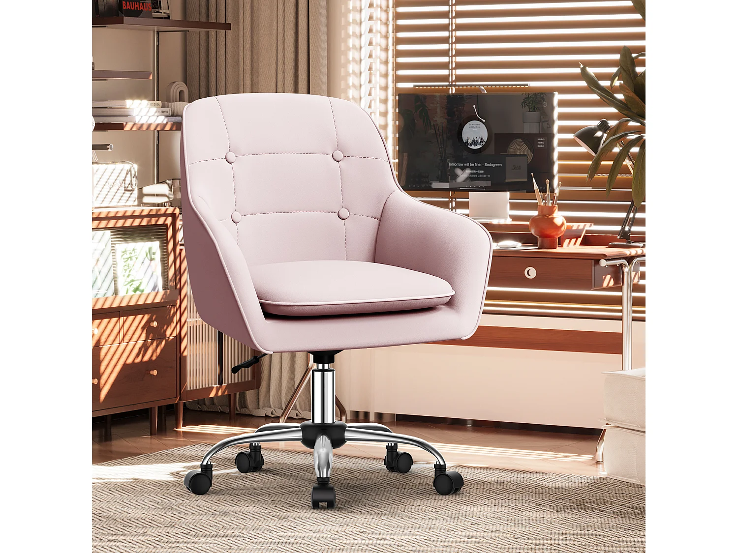 Bürostuhl Homeoffice Stuhl - Schminkstuhl mit Armlehnen - Drehstuhl mit Rrollen - Samt Stuhl - höhenverstellbar für Schminktisch - Arbeitszimmer - Schlafzimmer