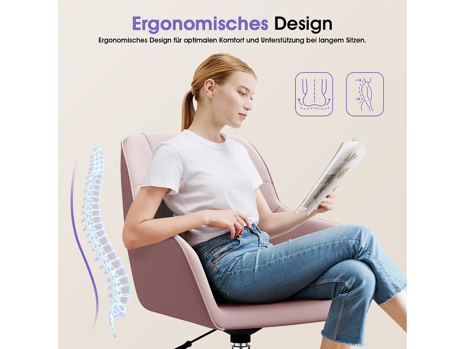 Bürostuhl Homeoffice Stuhl - Schminkstuhl mit Armlehnen - Drehstuhl mit Rrollen - Samt Stuhl - höhenverstellbar für Schminktisch - Arbeitszimmer - Schlafzimmer