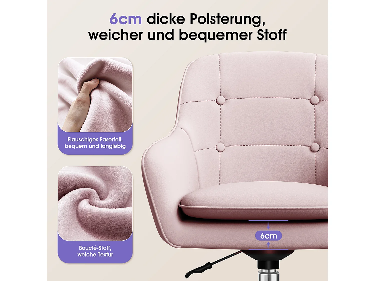 Bürostuhl Homeoffice Stuhl - Schminkstuhl mit Armlehnen - Drehstuhl mit Rrollen - Samt Stuhl - höhenverstellbar für Schminktisch - Arbeitszimmer - Schlafzimmer