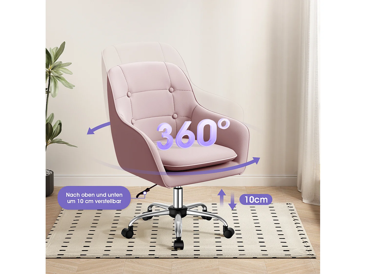 Bürostuhl Homeoffice Stuhl - Schminkstuhl mit Armlehnen - Drehstuhl mit Rrollen - Samt Stuhl - höhenverstellbar für Schminktisch - Arbeitszimmer - Schlafzimmer