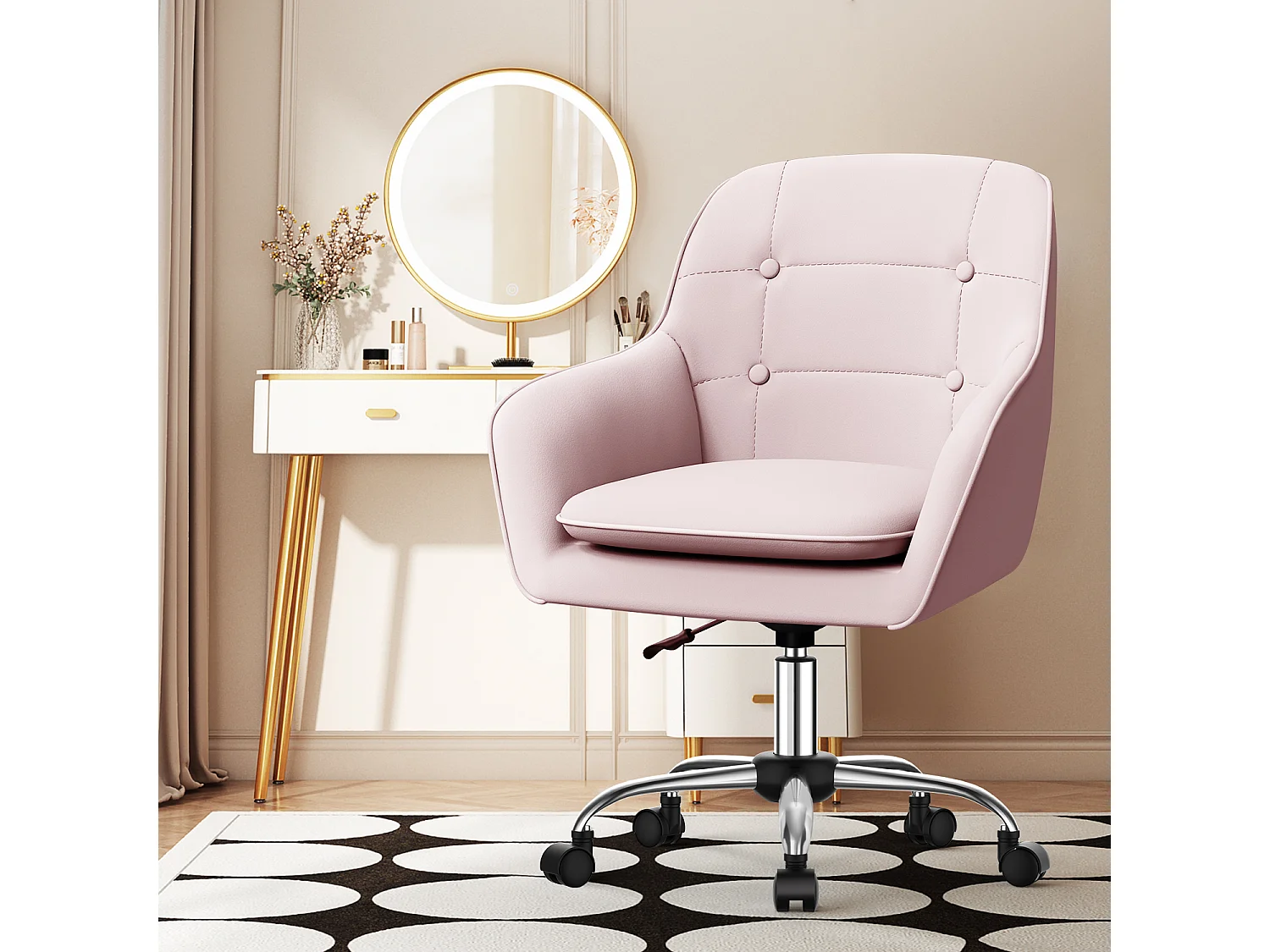 Bürostuhl Homeoffice Stuhl - Schminkstuhl mit Armlehnen - Drehstuhl mit Rrollen - Samt Stuhl - höhenverstellbar für Schminktisch - Arbeitszimmer - Schlafzimmer