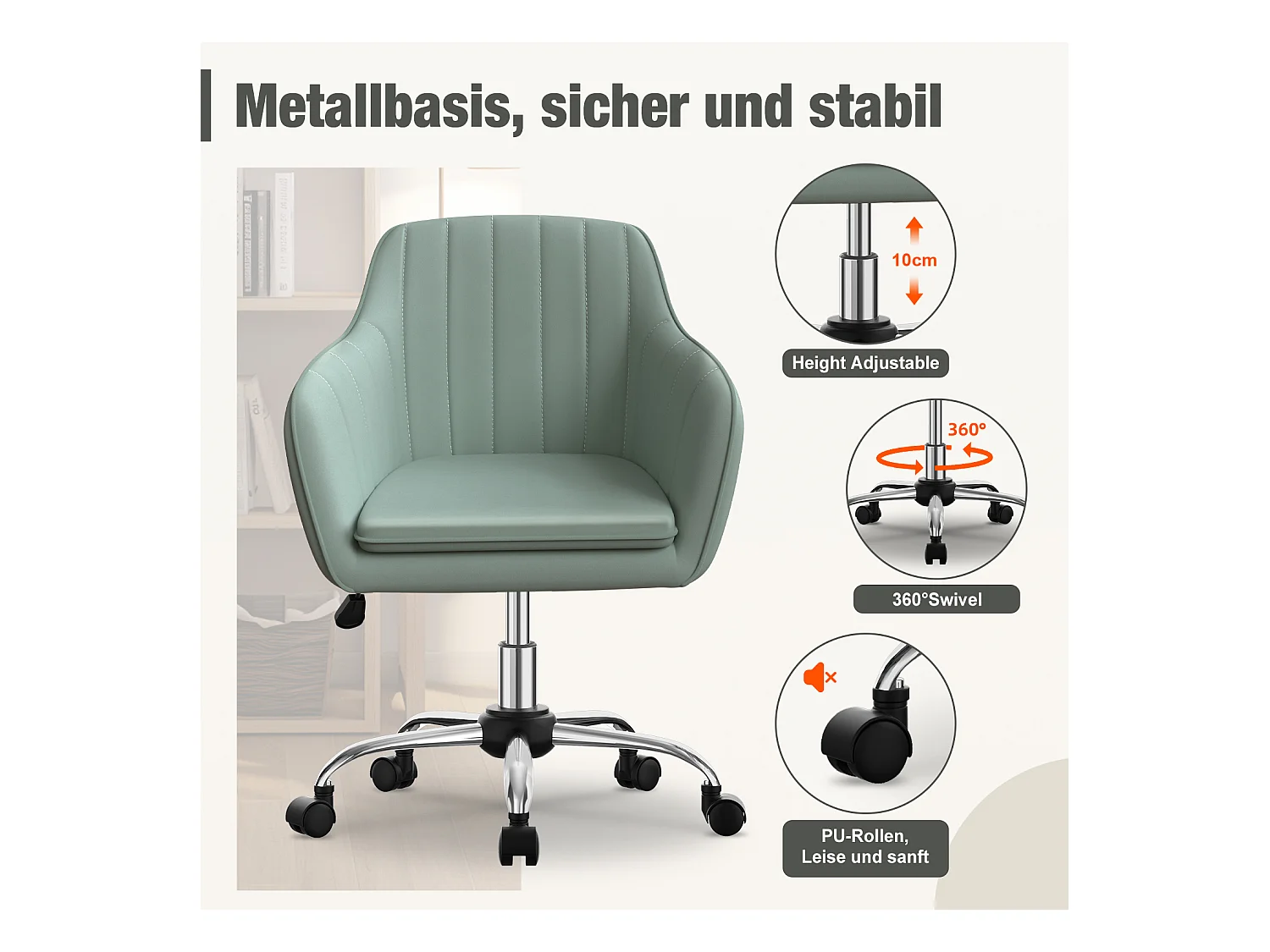Bürostuhl*4 Homeoffice Stuhl - Schminkstuhl mit Armlehnen - Drehstuhl mit Rrollen - Samt Stuhl - höhenverstellbar für Schminktisch - Arbeitszimmer - Schlafzimmer
