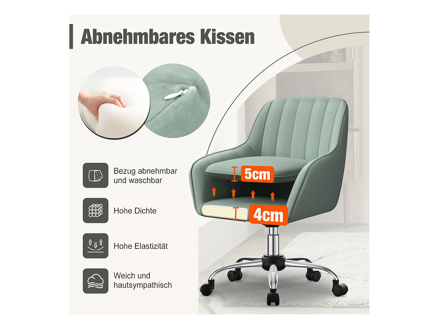 Bürostuhl Homeoffice Stuhl - Schminkstuhl mit Armlehnen - Drehstuhl mit Rrollen - Samt Stuhl - höhenverstellbar für Schminktisch - Arbeitszimmer - Schlafzimmer