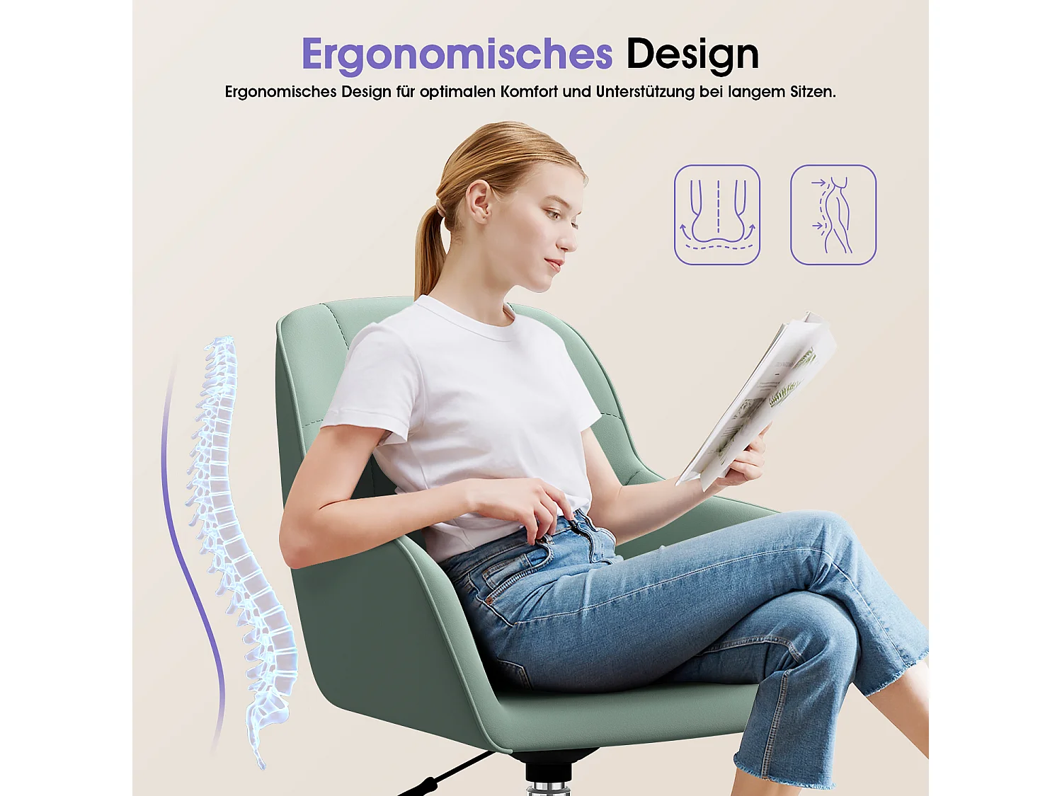 Bürostuhl Homeoffice Stuhl - Schminkstuhl mit Armlehnen - Drehstuhl mit Rrollen - Samt Stuhl - höhenverstellbar für Schminktisch - Arbeitszimmer - Schlafzimmer