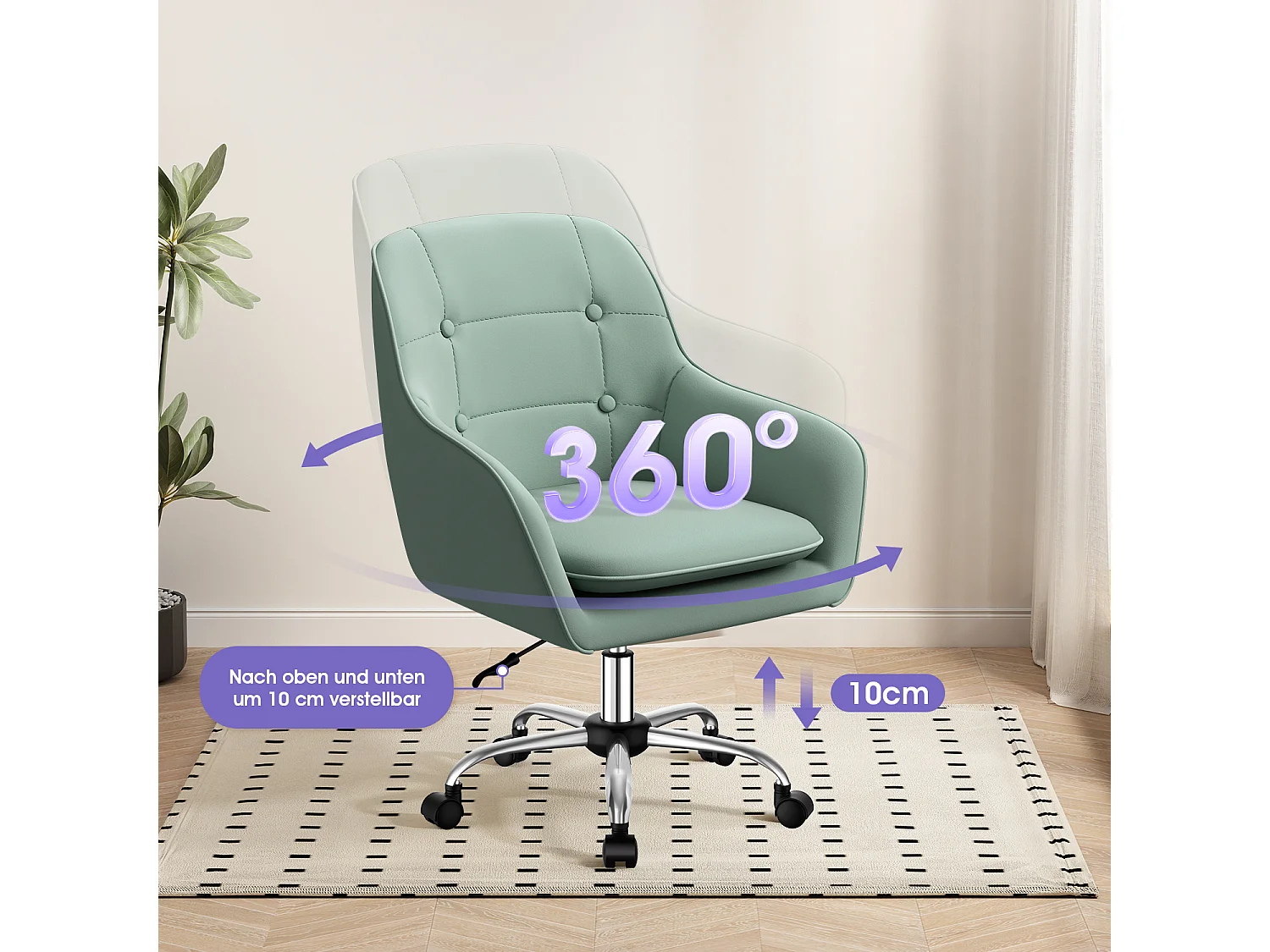 Bürostuhl Homeoffice Stuhl - Schminkstuhl mit Armlehnen - Drehstuhl mit Rrollen - Samt Stuhl - höhenverstellbar für Schminktisch - Arbeitszimmer - Schlafzimmer