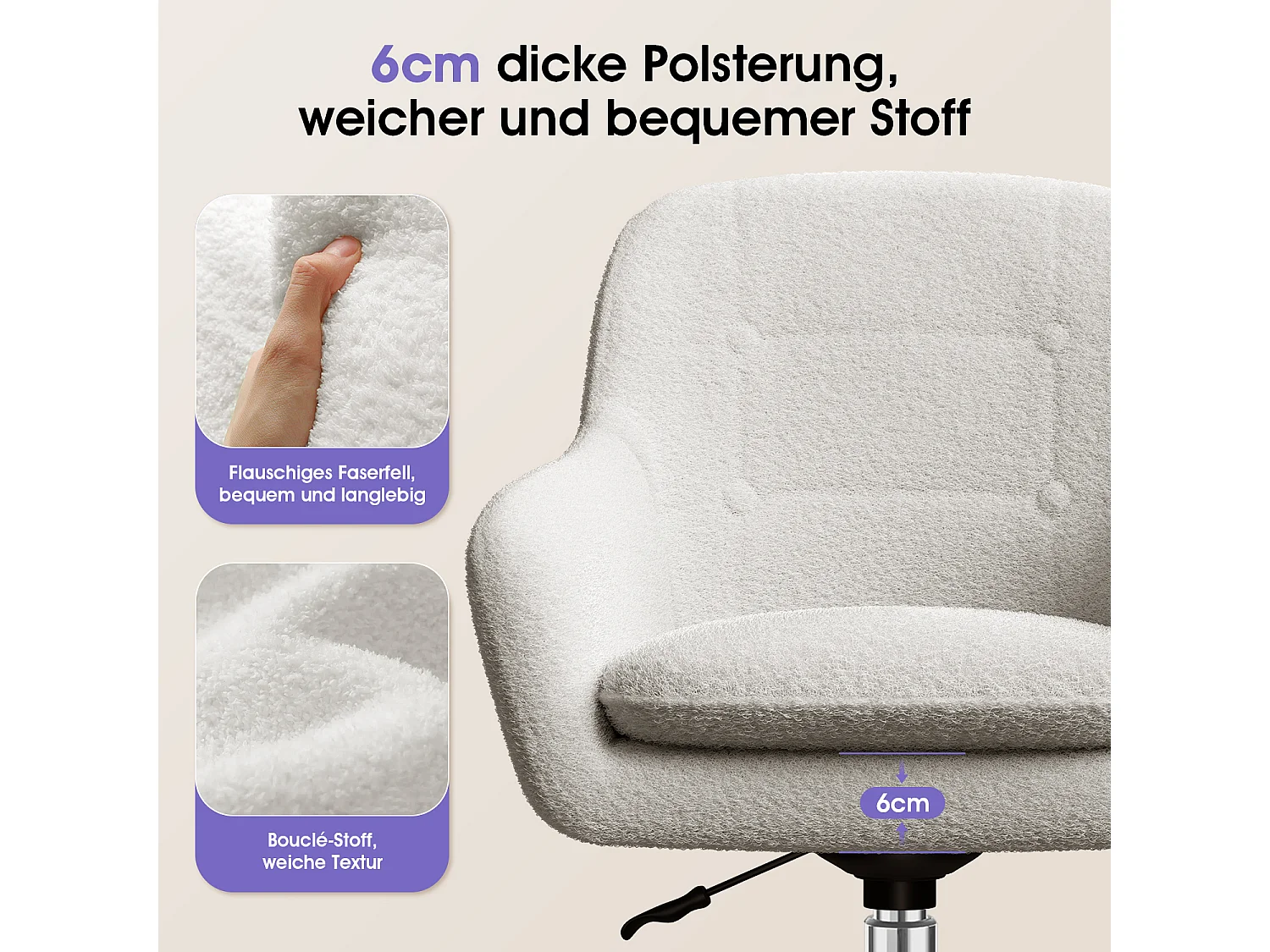 Bürostuhl - Schminkstuhl - Homeoffice Stuhl mit Armlehnen - Drehstuhl mit Rrollen Boucle-Gewebe - höhenverstellbar - für Schminktisch - Arbeitszimmer - Schlafzimmer