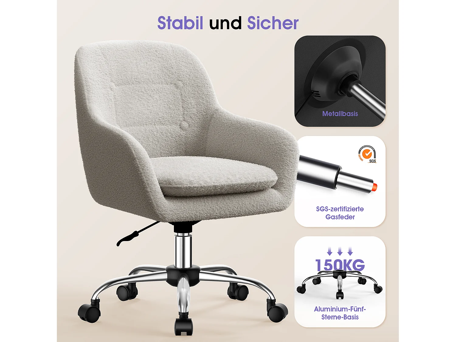 Bürostuhl - Schminkstuhl - Homeoffice Stuhl mit Armlehnen - Drehstuhl mit Rrollen Boucle-Gewebe - höhenverstellbar - für Schminktisch - Arbeitszimmer - Schlafzimmer