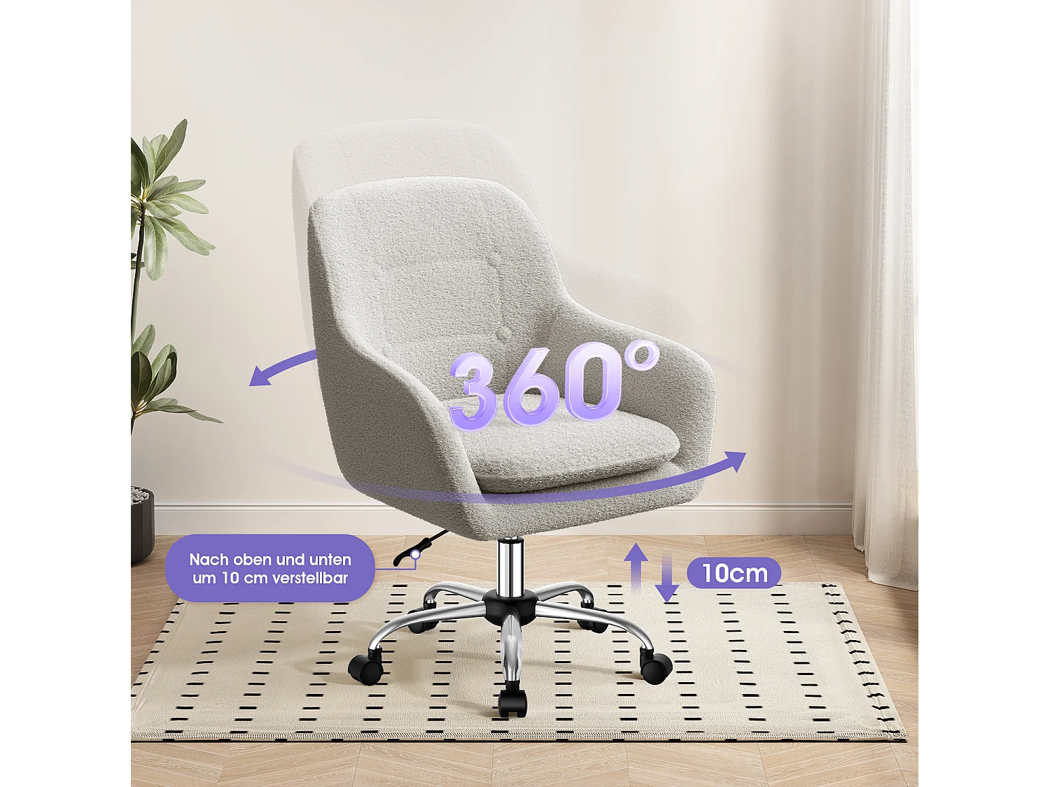 Bürostuhl - Schminkstuhl - Homeoffice Stuhl mit Armlehnen - Drehstuhl mit Rrollen Boucle-Gewebe - höhenverstellbar - für Schminktisch - Arbeitszimmer - Schlafzimmer