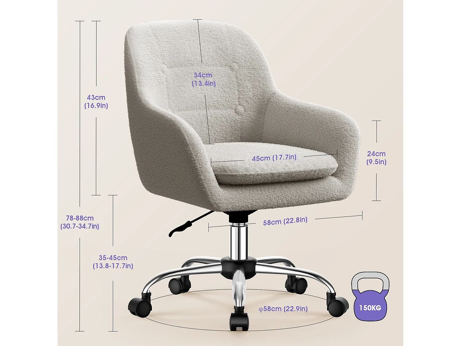 Bürostuhl - Schminkstuhl - Homeoffice Stuhl mit Armlehnen - Drehstuhl mit Rrollen Boucle-Gewebe - höhenverstellbar - für Schminktisch - Arbeitszimmer - Schlafzimmer