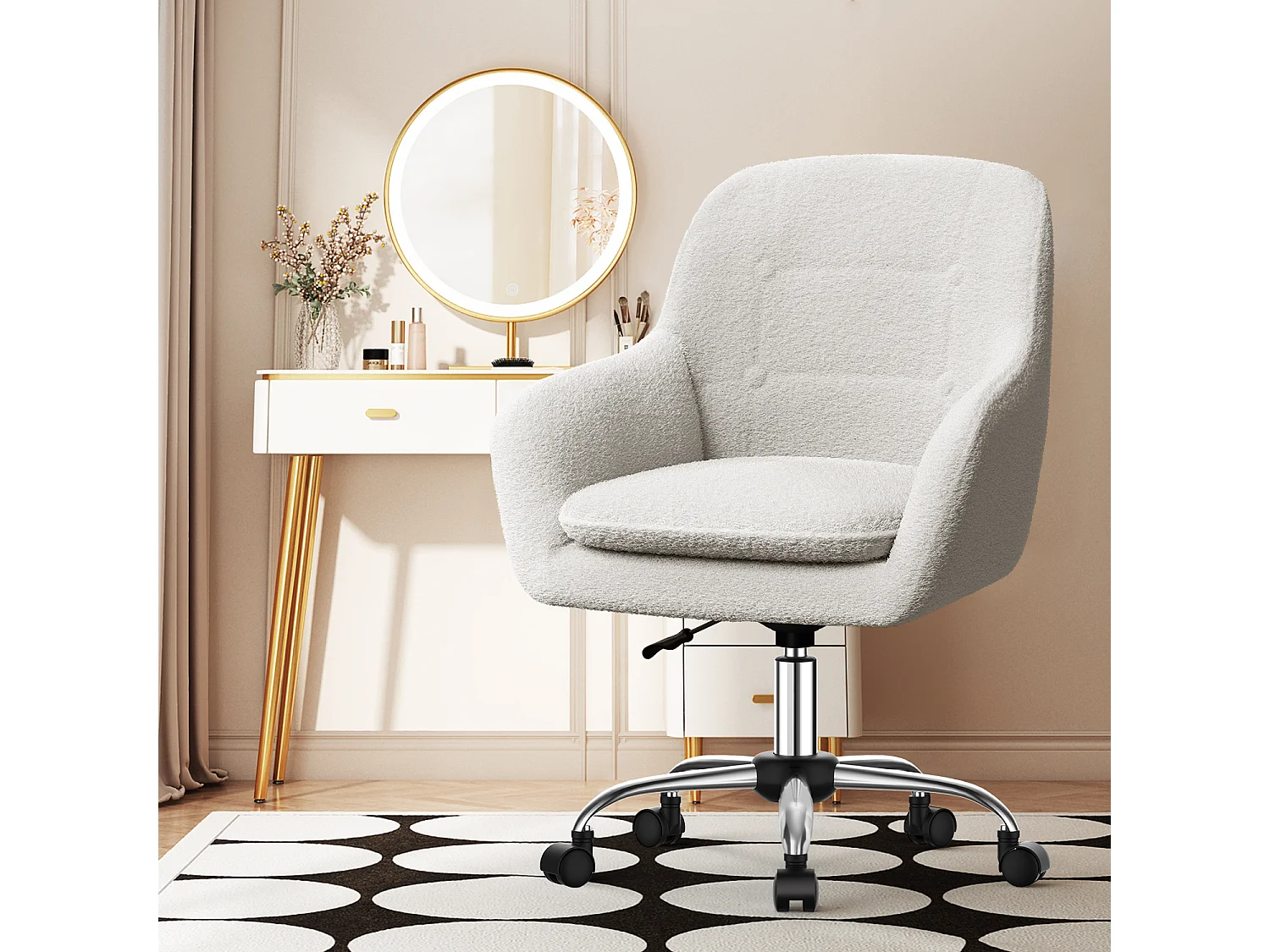 Bürostuhl - Schminkstuhl - Homeoffice Stuhl mit Armlehnen - Drehstuhl mit Rrollen Boucle-Gewebe - höhenverstellbar - für Schminktisch - Arbeitszimmer - Schlafzimmer