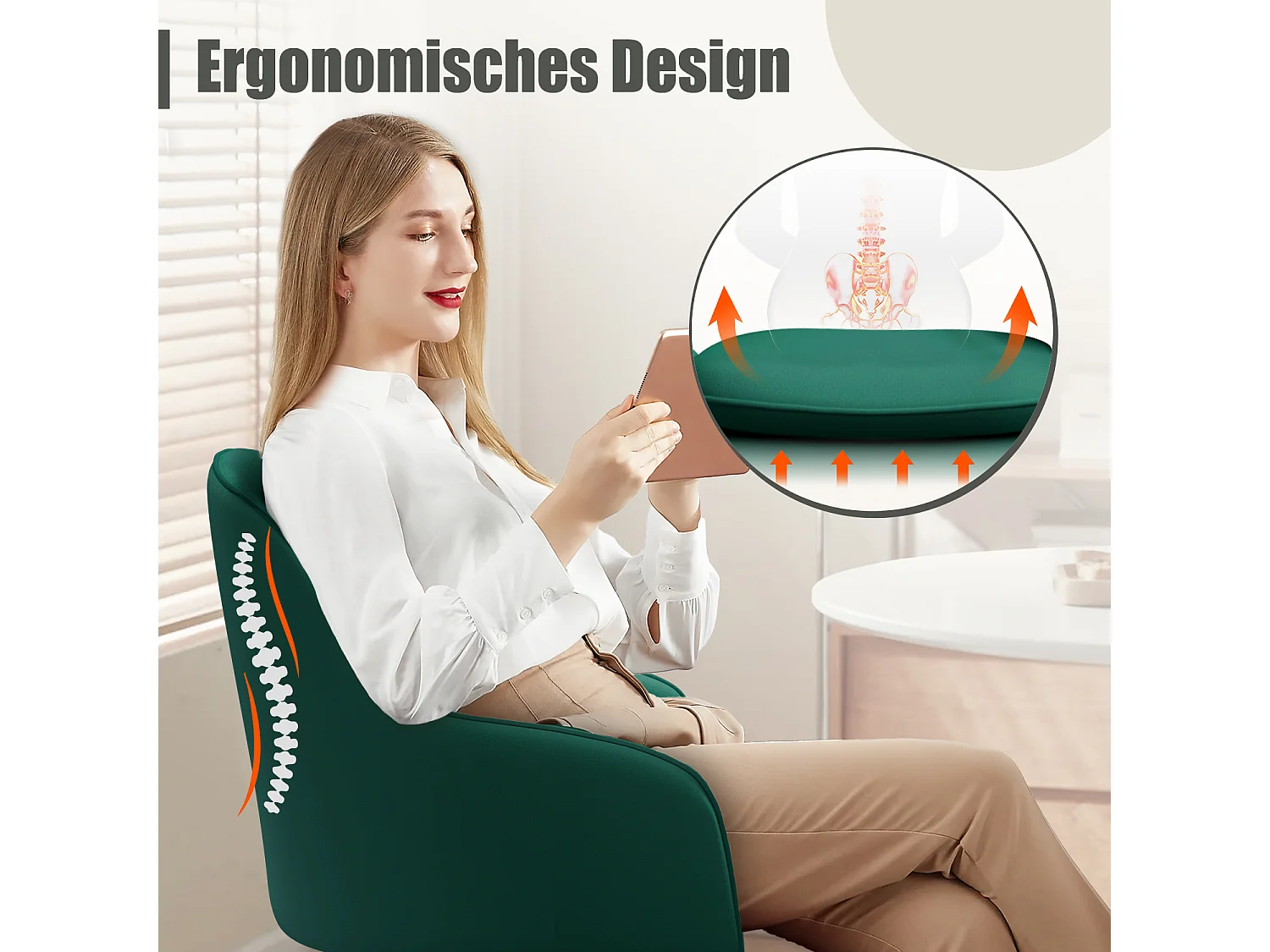 Bürostuhl Homeoffice Stuhl - Schminkstuhl mit Armlehnen - Drehstuhl mit Rrollen - Samt Stuhl - höhenverstellbar für Schminktisch - Arbeitszimmer - Schlafzimmer