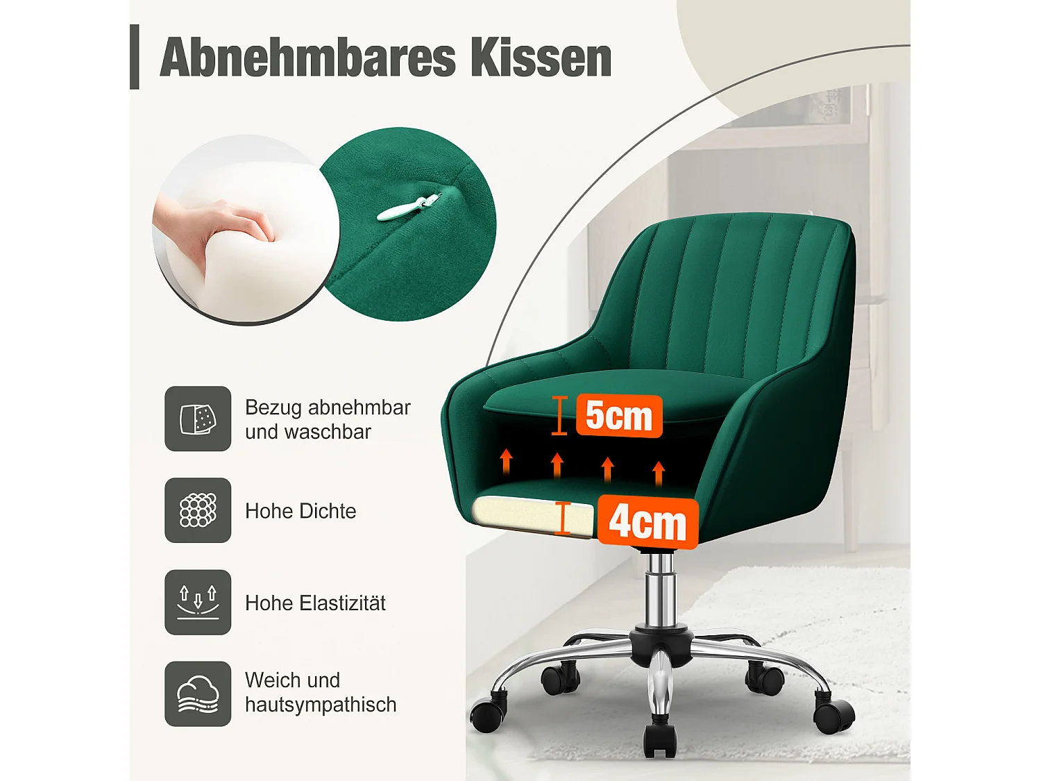 Bürostuhl Homeoffice Stuhl - Schminkstuhl mit Armlehnen - Drehstuhl mit Rrollen - Samt Stuhl - höhenverstellbar für Schminktisch - Arbeitszimmer - Schlafzimmer