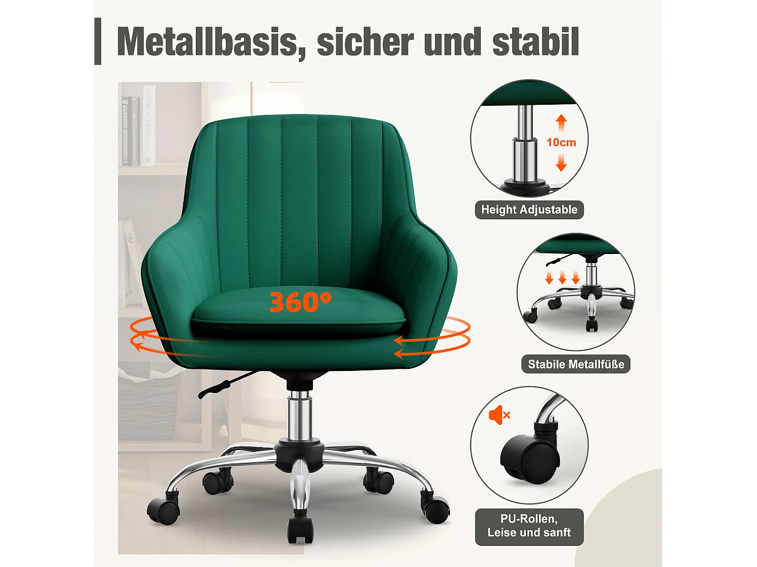 Bürostuhl Homeoffice Stuhl - Schminkstuhl mit Armlehnen - Drehstuhl mit Rrollen - Samt Stuhl - höhenverstellbar für Schminktisch - Arbeitszimmer - Schlafzimmer